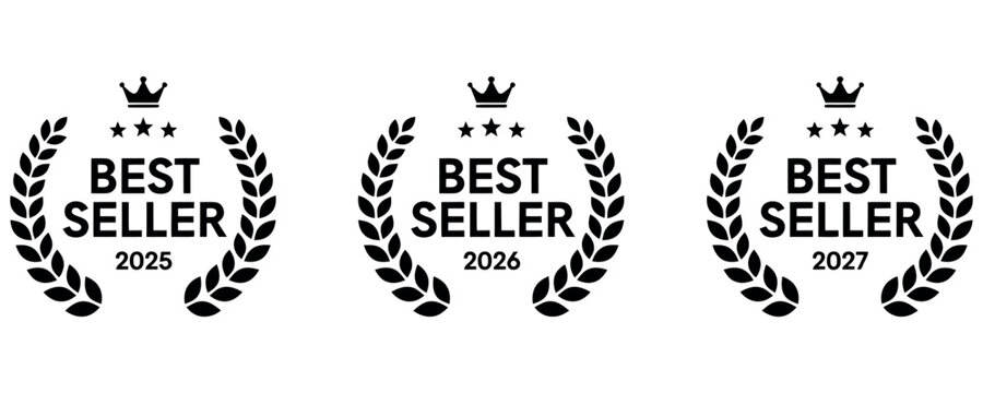 Set of black best seller laurel wreath award badges for years 2025, 2026 and 2027 on white.