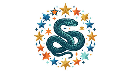 Fototapeta premium Mystical Snake surrounded by a circle of colorful stars, celestial, zodiac, astrology, magic