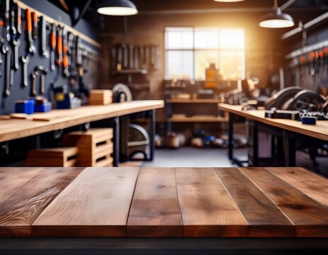 empty dark wooden workbench table top with blurred workshop or garage interior background for product display