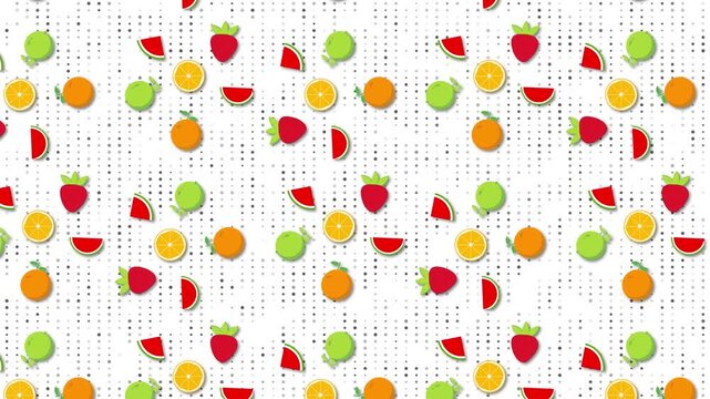 Seamless Flat Vector Pattern Featuring Vibrant Assorted Fruits Including Oranges Strawberries Watermelon Slices And Limes Scattered Across A Minimalist Dotted Grid Background With Bright Even Studio