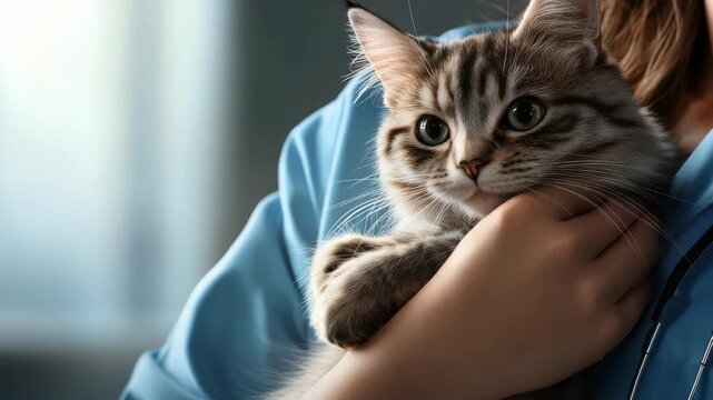 A tabby cat is being held gently in the arms of someone wearing blue. The light highlights the cat's fur and expressive eyes, and the overall image creates a soft, calming ambiance.