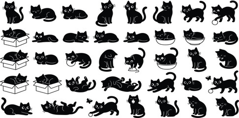 Obraz premium Collection of Black Silhouette Cartoon Cats in Various Poses kitten feline