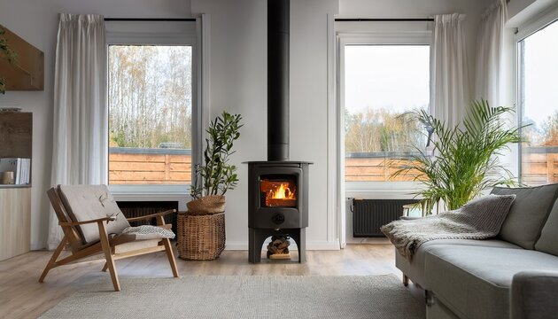 burning wood stove in a scandinavian style living room
