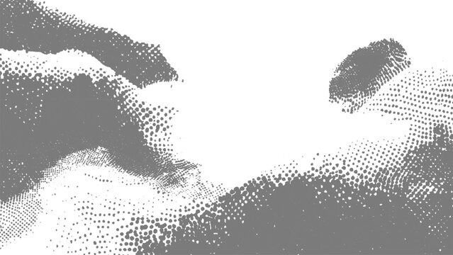 Grey halftone dots pattern with abstract shapes on white background for graphic design