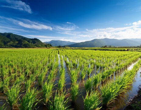 lush rice field with green stalks planted in rows reflecting a blue sky and distant mountains vibrant greenery in natural sunlight harvesting
