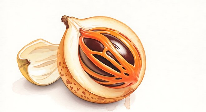 Watercolor illustration of open nutmeg fruit showing the seed and red mace spice, generative AI