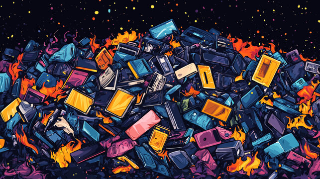 Chaotic pile of bright suitcases and boxes engulfed in orange flames under stars