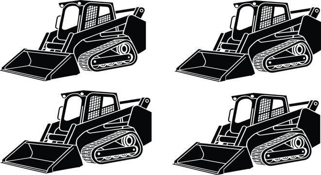 Four black and white silhouette icons of a skid steer loader construction equipment heavy machinery