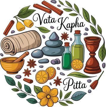 Ayurvedic Vata Kapha Pitta Dosha Elements with Herbal Remedies and Spa Stones Keywords: ayurveda, vata, kapha, pitta, dosha, wellness, health, natural, organic, herbs