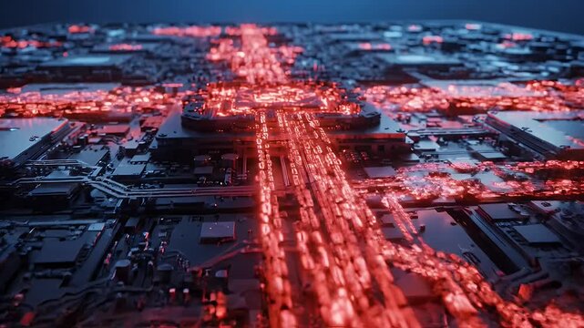 Red Data Flowing on Futuristic Circuit Board - A dynamic visualization of red data streams pulsing across a highly detailed, futuristic circuit board.