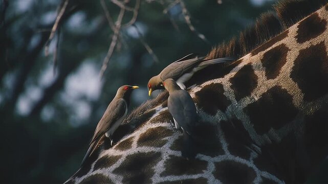 Close up from an Yellow-billed oxpeckers (Buphagus africanus) picking off insects and parasites on a giraffe's body in the Pilanesberg Game Reserve, South Africa.
