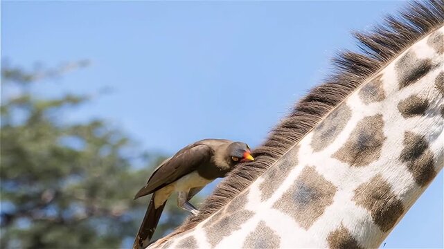 Close up from an Yellow-billed oxpeckers (Buphagus africanus) picking off insects and parasites on a giraffe's body in the Pilanesberg Game Reserve, South Africa.
