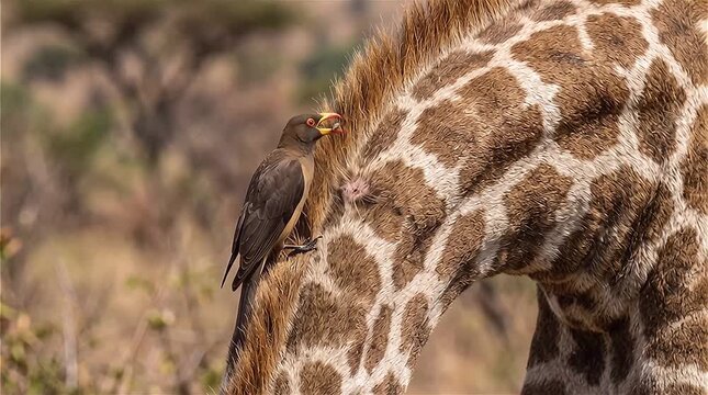 Close up from an Yellow-billed oxpeckers (Buphagus africanus) picking off insects and parasites on a giraffe's body in the Pilanesberg Game Reserve, South Africa.
