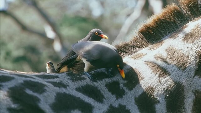 Close up from an Yellow-billed oxpeckers (Buphagus africanus) picking off insects and parasites on a giraffe's body in the Pilanesberg Game Reserve, South Africa.
