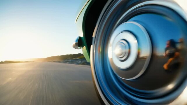 Shiny car wheel dominating the right side on a sunlit road