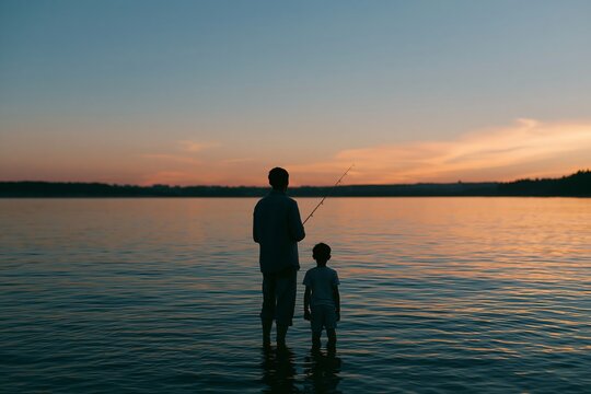 Father and son silhouette fishing together at sunset by the lake, calm water reflecting the colorful sky and surrounding nature in the background