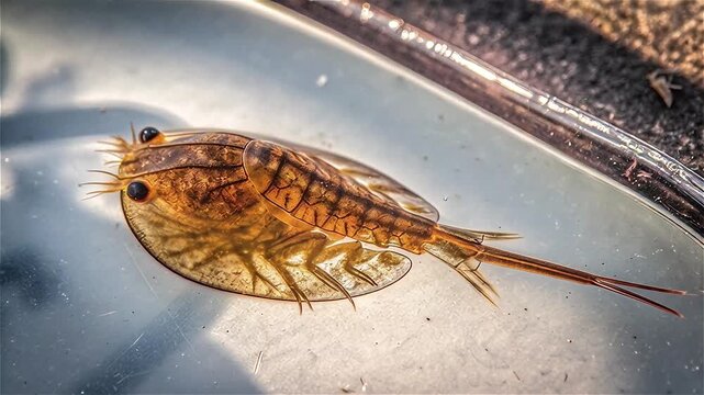 Close up of Tadpole shrimp (Triops cancriformis) swimming in a shallow pool habitat, African savannah, South Africa.
