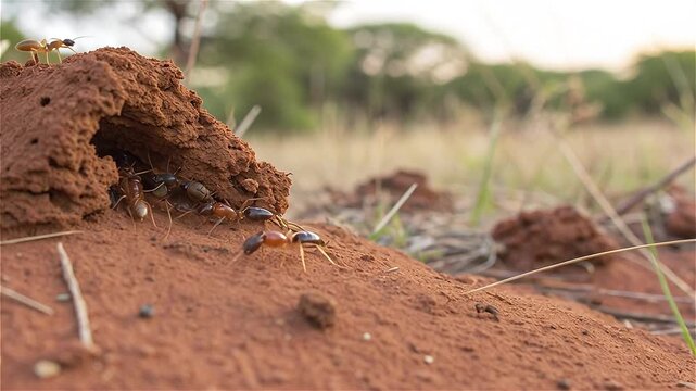 Close up of termites making termitary mound from red ground in African savannah, South Africa.
