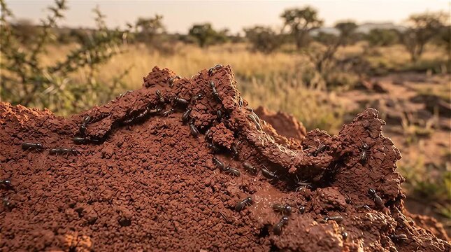 Close up of termites making termitary mound from red ground in African savannah, South Africa.
