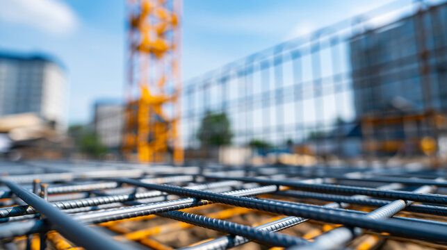 Steel rebar grid reinforcing a concrete foundation on a residential building site, tall construction crane visible in the background, defocused urban construction landscape,