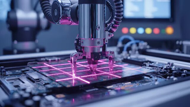 Automated Semiconductor Wafer Assembly with Magenta Laser Alignment - A close-up view of an advanced robotic arm precisely placing semiconductor wafers on a circuit board.