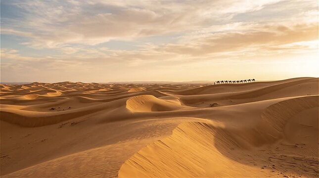 Endless golden sand dunes stretch into the horizon, with a lone caravan of camels in the distance. The Rolling Dunes of the Sahara Desert
