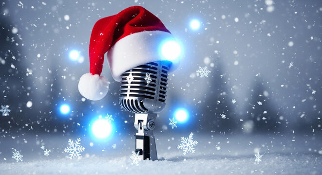 Microphone wearing santa hat with magical glowing lights perfect for festive christmas parties and joyful holiday music celebration posts