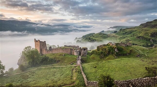 Rolling green hills and ancient stone ruins partially covered by soft morning mist in the Scottish Highlands. The Scottish Highlands in Morning Fog

