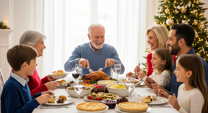 Multi generation family happily sharing thanksgiving dinner perfect for warm holiday traditions and joyful festive celebration posts