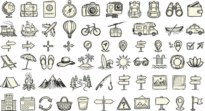 Travel and tourism icons set hand drawn doodle collection featuring destinations and vacation gear vacation adventure navigation exploration backpack transport mountain passport