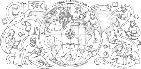 Fototapeta premium Book club, reading club, reading group, literary community sharing books and ideas, clean black monoline vector line art, SVG-ready, isolated on white background, no color or shading.
