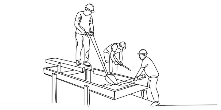 Three construction workers wearing hard hats working together on a building site, one using a saw, another shoveling, and a third holding a tool Vector, illustration