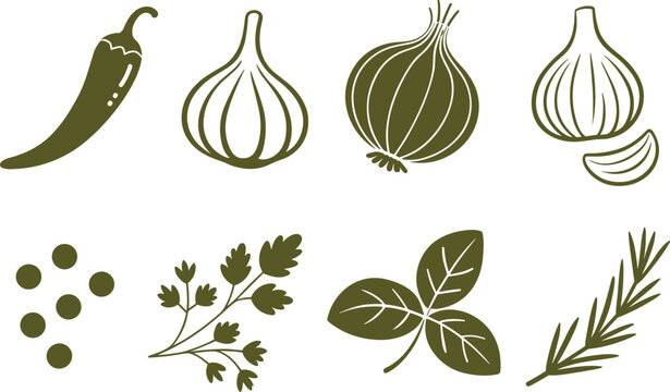 Collection of Hand Drawn Herbs and Spices Icons in Olive Green Color Keywords: chili pepper, garlic, onion, peppercorns, parsley, basil, rosemary, herbs, spices, cooking
