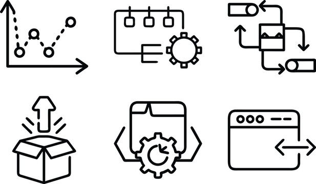 Dot plot graph, flowchart with gear, process flow with arrows and circles, open box with arrow.