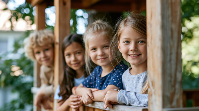 Happy children friends spending summer playtime together in a wooden treehouse in a sunny backyard garden, joyful expressions visible, defocused garden surroundings in background,
