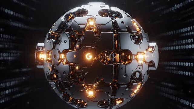 Fiery Abstract Sphere with Binary Code Background - A metallic, puzzle-like sphere is engulfed in bright orange flames against a dark background filled with scrolling binary code.