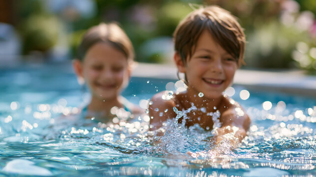 Happy children swimming in a bright backyard pool on a sunny summer day, splashing and laughing, defocused garden in background, children's summer concept photography, backyard
