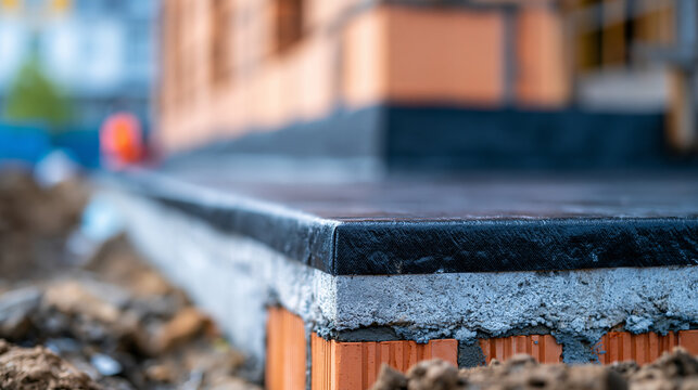 Close-up of a building foundation wrapped in a protective black waterproofing membrane, shielding concrete footing and brick wall during new construction, defocused construction