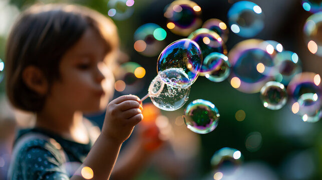 Faceless young child blowing bubbles outdoors in a sunny backyard, colorful bubbles floating in the warm air, defocused garden in background, children's outdoor play concept