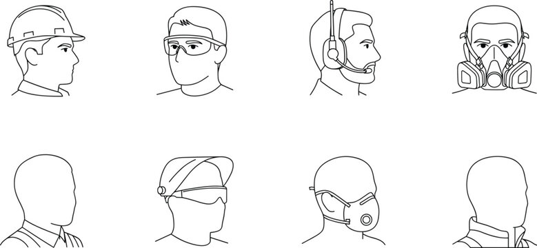 Industrial Safety and Personal Protective Equipment PPE Icon Set with Hard Hat Respirator Safety Goggles Face Shield and Headset Line Icons