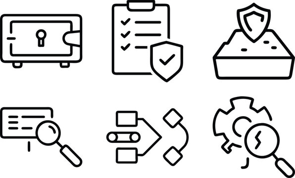 Safe box, checklist with shield, sandpit with shield, document search, branching process, gear search.