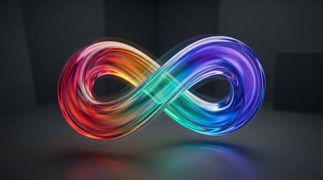 Abstract rainbow infinity symbol loop crafted from glossy colorful glass twisting elegantly against dark studio backdrop.