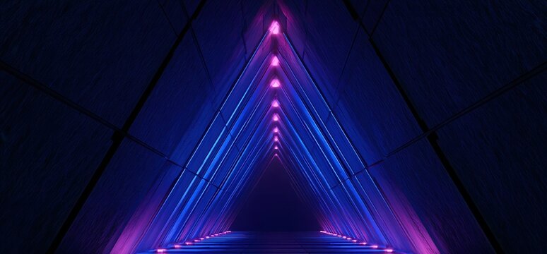 Creative light display in a dark triangular tunnel during nighttime with bright colors and geometric patterns in the design