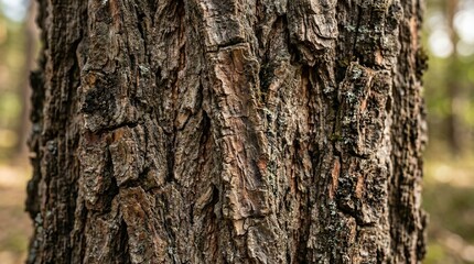 Obraz premium Macro shot of detailed tree trunk bark structure in sunny forest.