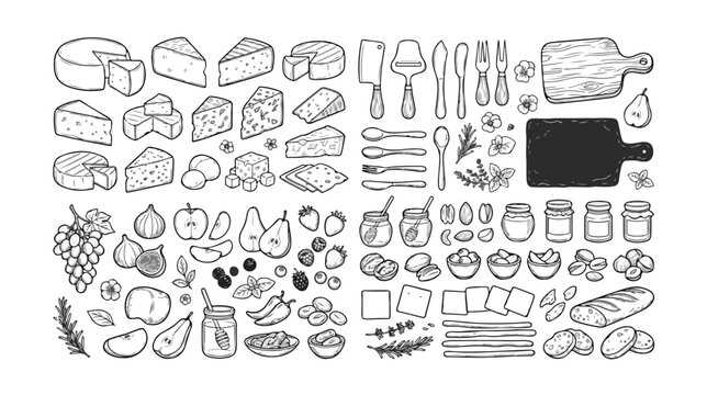 Gourmet cheese board vector elements, a comprehensive collection of hand-drawn food illustrations, essential kitchen utensils, and rustic serving accessories for culinary design projects.