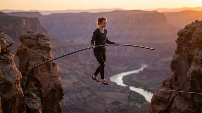 Fearless woman tightrope walking on high rope over canyon at sunset.
