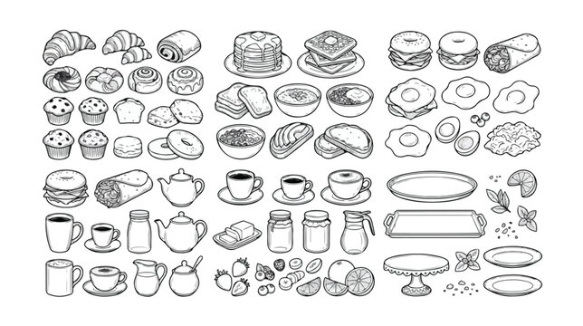 Breakfast and brunch food vector icon set, hand-drawn outline illustrations of pastries, pancakes, eggs, coffee, and fresh fruit, perfect for menu design and culinary branding.