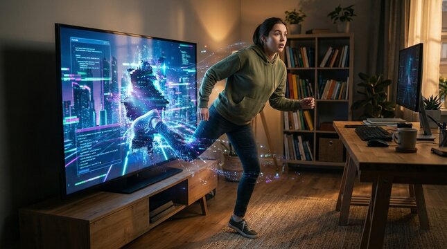 Woman running out of a glowing digital tv screen into a cozy living room space.