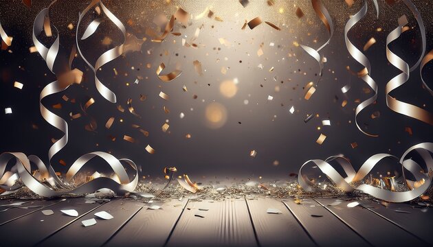 border with silver falling confetti and a streamers background with glitter confetti for party celebration luxury sparkling confetti falling silver glitter and dust