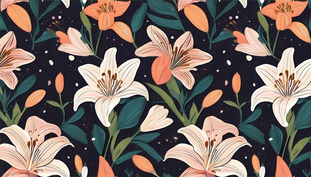 lily seamless pattern with flowers leaves and buds delicate floral dark background with texture